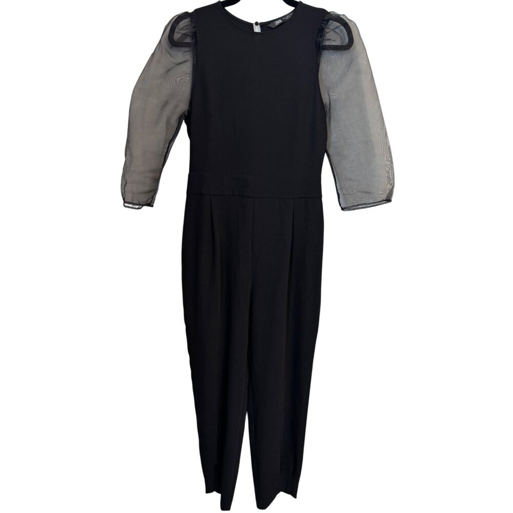 2/$30 ZARA Black Racy Jumpsuit Size 2 Sheer Puff Sleeves Open Back